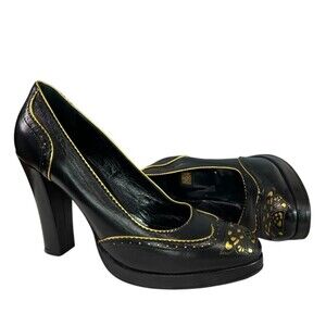 BIBA Vintage Black Leather Wingtip Platform Pumps w/ Gold Metallic Detail EU 38